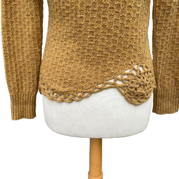 Moth Wool Cable Knit Crochet Asymmetrical Hem Sweater Mustard Artsy Rosette-S - Picture 11 of 16